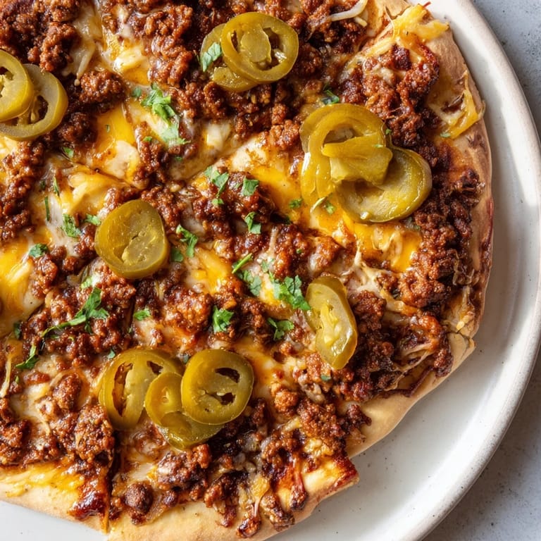 Golden, bubbly Spicy Ground Beef Pizza Base, drizzled with hot honey, ready to eat with friends.