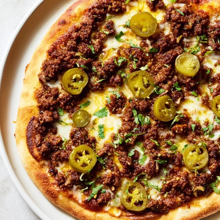 Freshly baked and savory Spicy Ground Beef Pizza Base, offering a delightful combination of flavors.