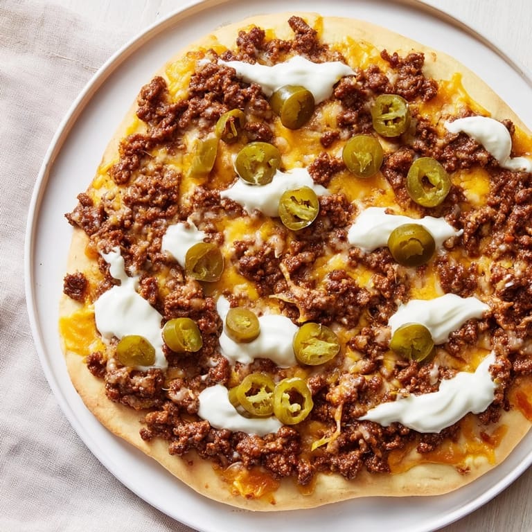 A generously topped Ground Beef Taco Pizza with melted cheese, fresh jalapeños, ready to be sliced.