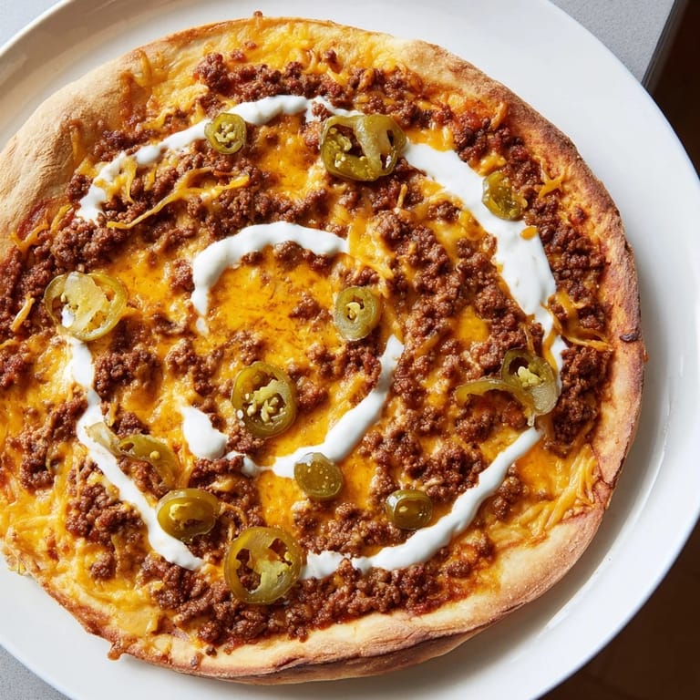 Golden, crisp crust supporting flavorful ground beef and toppings for this delicious Taco Pizza.