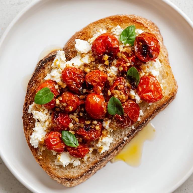 Vibrant Mediterranean-style Baked Feta Toast ready to serve, with juicy tomatoes, crumbled feta, and torn basil on toasted bread.
