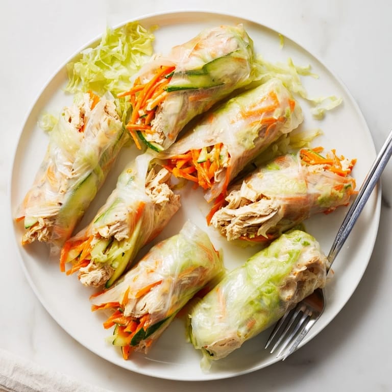 Two Garlicky Pulled Chicken Wraps with a golden-brown, pan-fried rice paper exterior sit beside lemon wedges.  