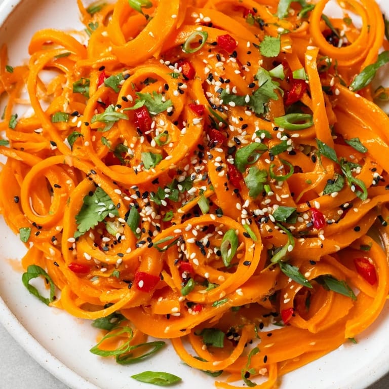 Freshly made carrot ribbon salad with spiralized carrots, a zesty lime-ginger dressing, and a sprinkle of sesame seeds.