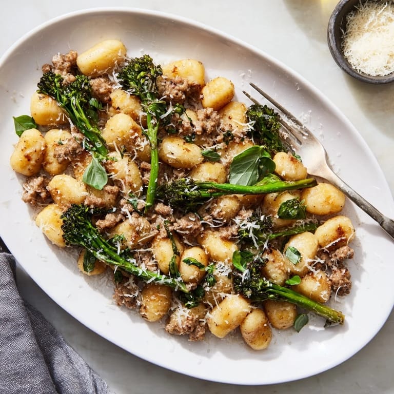 Golden, crisp gnocchi and crumbled Italian sausage roasted with broccolini on a single sheet pan.