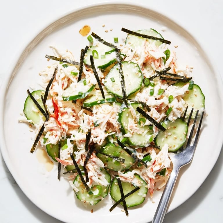 Fresh California Roll Cucumber Salad served chilled with nori strips and pickled ginger on the side.