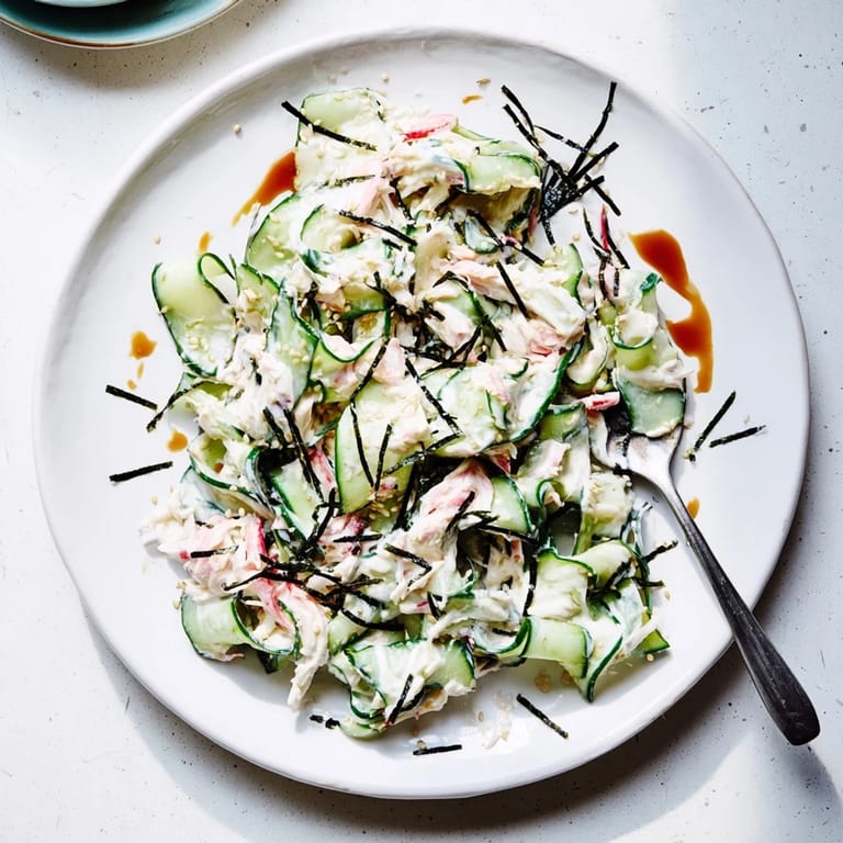 Tossed California Roll Cucumber Salad with creamy mayo dressing, sesame oil, and savory toppings.