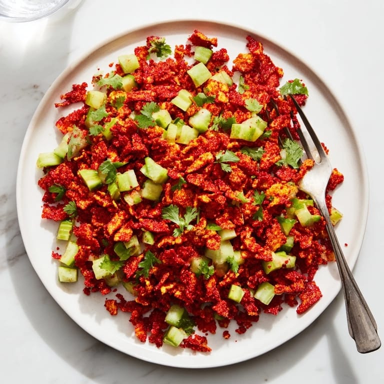 Freshly made Flamin Hot Cheeto Salad featuring coarsely crushed Cheetos, crisp cucumber pieces, and cilantro in a vibrant lime-hot sauce dressing.