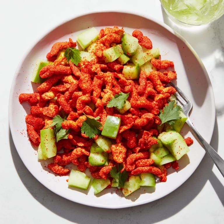A close-up of Flamin Hot Cheeto Salad in a white bowl, ready to serve with a side of lime wedges and extra cilantro.
