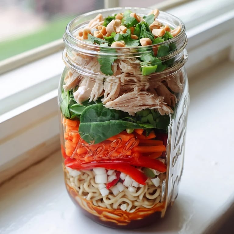 Spicy sauce coats noodles, crisp veggies, and tofu stacked in a mason jar, ideal for an easy weeknight lunch.