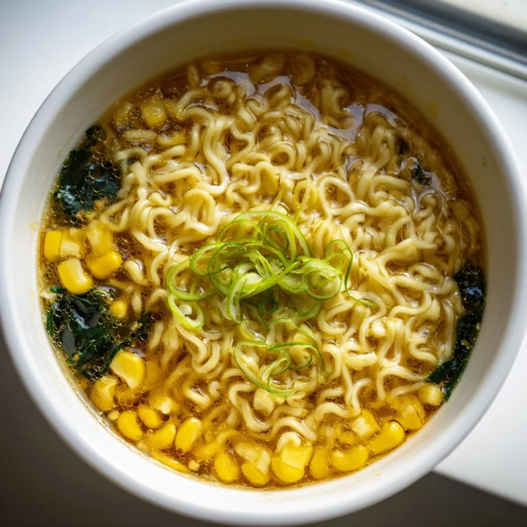 Quick and easy Elevated Ramen Egg Drop Soup with spinach and corn, served hot with a garnish of sesame seeds.