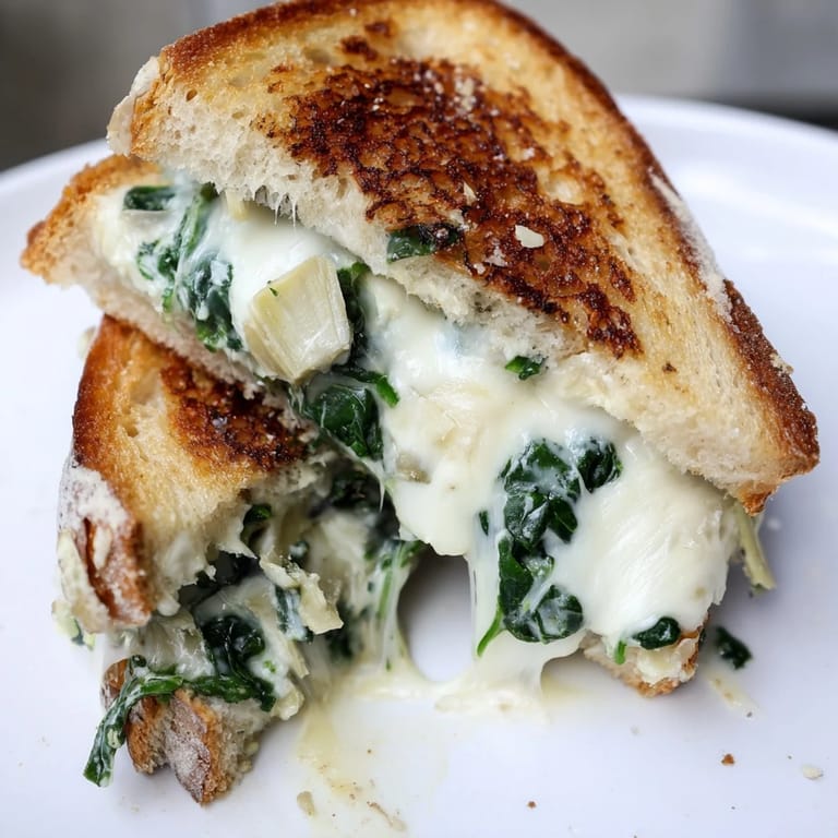 Homemade Spinach Artichoke Grilled Cheese served with a bowl of creamy tomato soup, perfect for a comforting lunch or dinner.