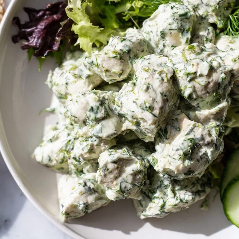 Juicy chicken pieces tossed in zesty Green Goddess dressing, arranged on mixed greens with cucumber and avocado for a refreshing meal.