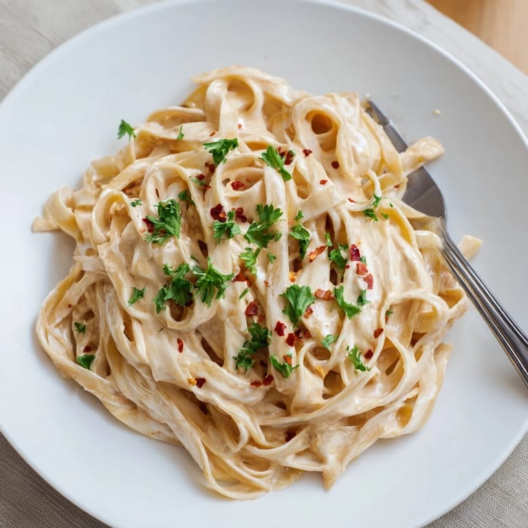 A close-up of Sriracha Honey Pasta, al dente noodles coated in rich sauce, garnished with parsley and cheese.