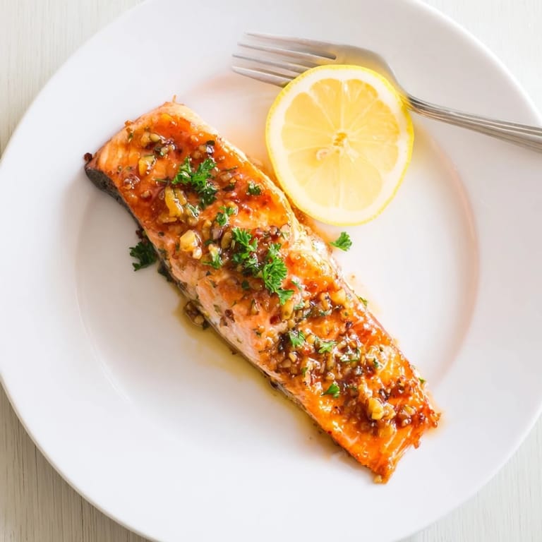 Serving platter of Honey Garlic Glazed Salmon garnished with lemon wedges, paired with steamed rice and roasted asparagus.