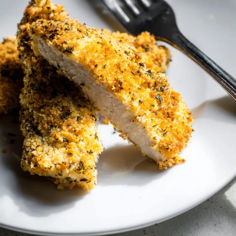 Oven-baked herbed panko chicken strips served with a side of creamy ranch dip for dipping.