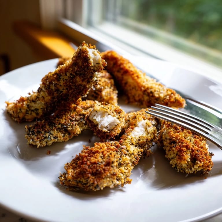 Golden brown Crispy Panko Chicken Strips on a baking sheet, garnished with fresh parsley and lemon wedges.