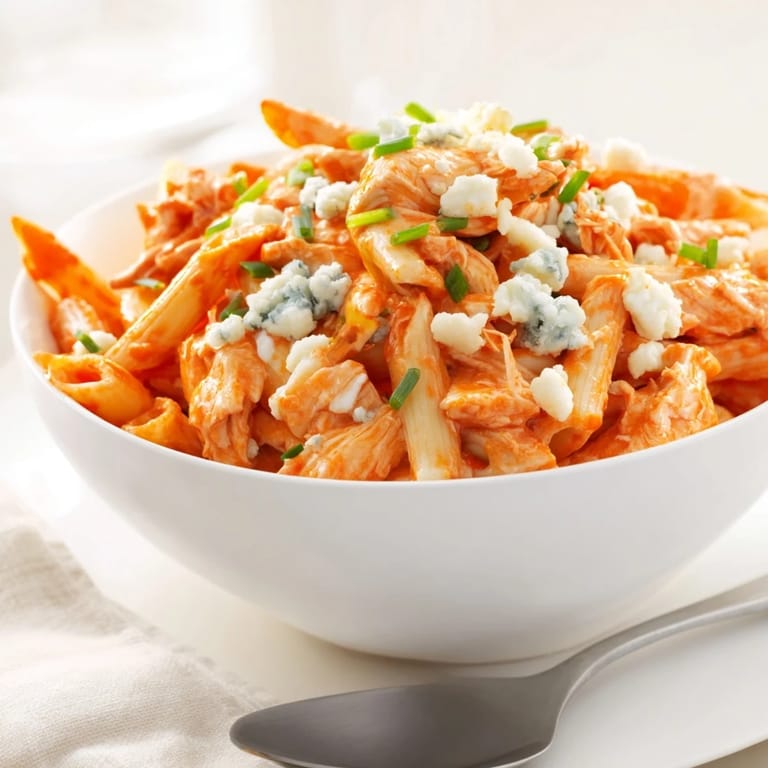 Spicy Buffalo Chicken Pasta topped with crumbled blue cheese and green onions, ready to serve hot.