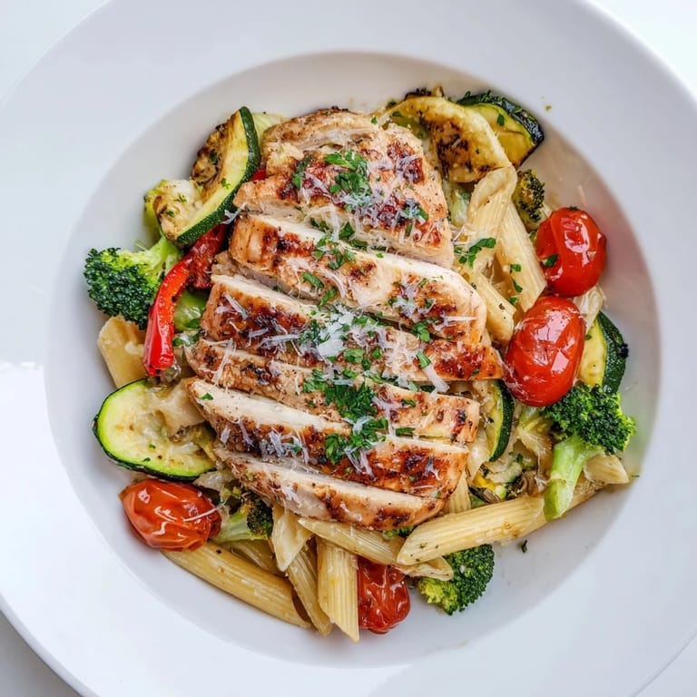 A fork lifts pasta from a skillet of Garlic Herb Chicken & Veg Pasta for a close-up.