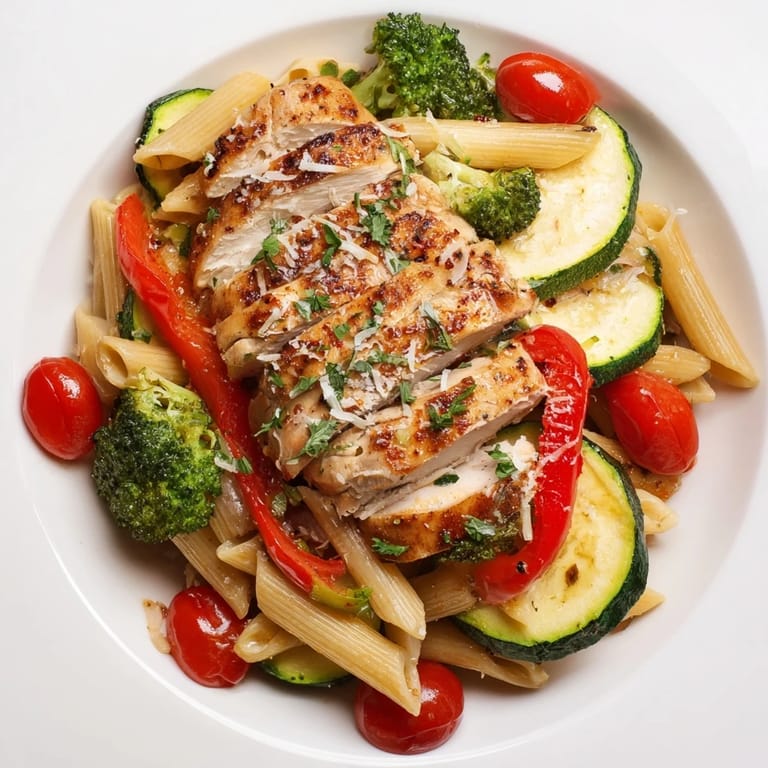 Garlic Herb Chicken & Veg Pasta is served with a fresh green salad and a glass of white wine.