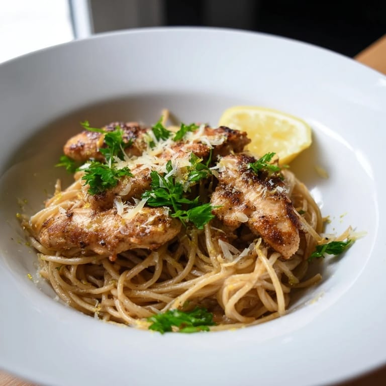 A close-up of Brown Butter Lemon Chicken Pasta tossed with minced garlic and red pepper flakes, glistening with lemon juice and finished with fresh herbs.