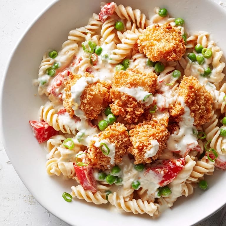 Savory Crispy Chicken Ranch Pasta Salad served on a white plate, showcasing crunchy panko-coated chicken, fresh herbs, and colorful ingredients for an easy dinner.