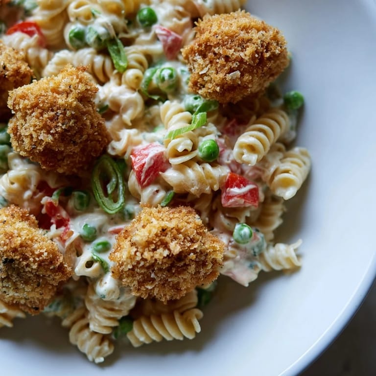 A freshly tossed bowl of Crispy Chicken Ranch Pasta Salad featuring golden fried chicken, al dente pasta, and vibrant vegetables ready for a summer potluck.