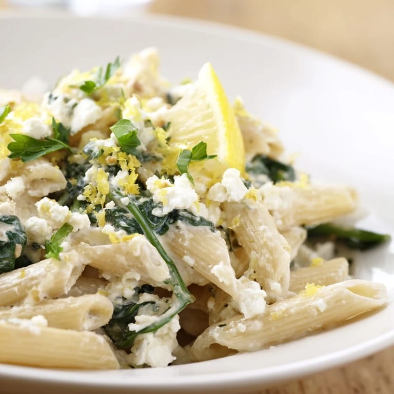 This easy vegetarian pasta dish features penne noodles coated in a luscious, tangy feta sauce with fresh spinach.  