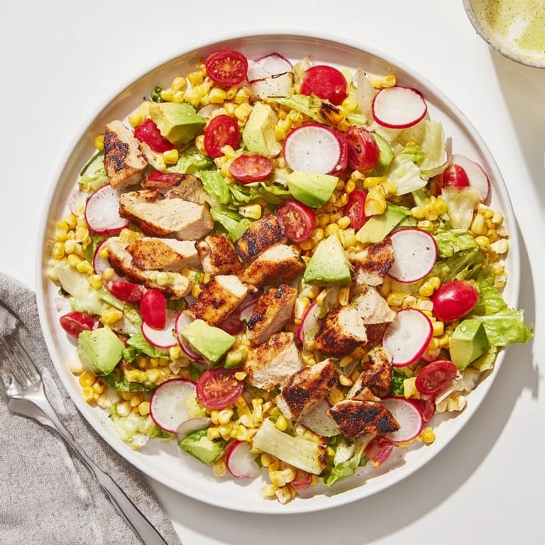 Savory Roasted Corn & Chicken Chopped Salad, highlighting tender grilled chicken and smoky corn tossed with avocado and radishes.