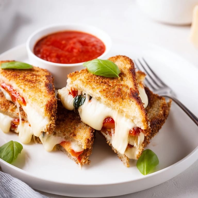 A close-up of Caprese Grilled Cheese Dippers reveals oozy melted cheese and juicy tomato slices, ready to be dunked into a small bowl of marinara.  