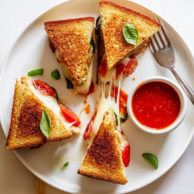 Appetizer platter featuring Caprese Grilled Cheese Dippers, sliced into strips and served alongside vibrant marinara sauce and fresh basil garnish.