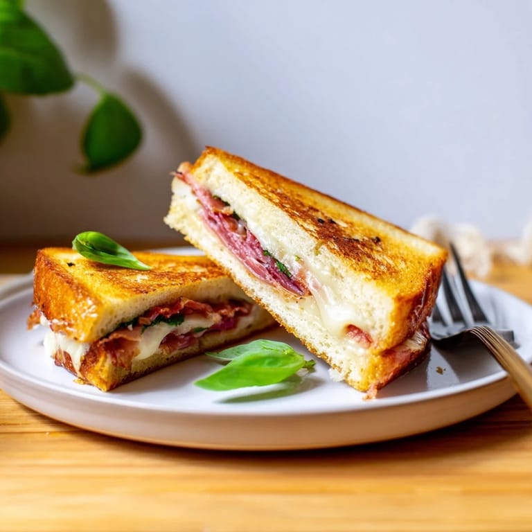A close-up of a halved Crispy Prosciutto & Burrata Grilled Cheese, revealing gooey cheese and crisp pork layers.