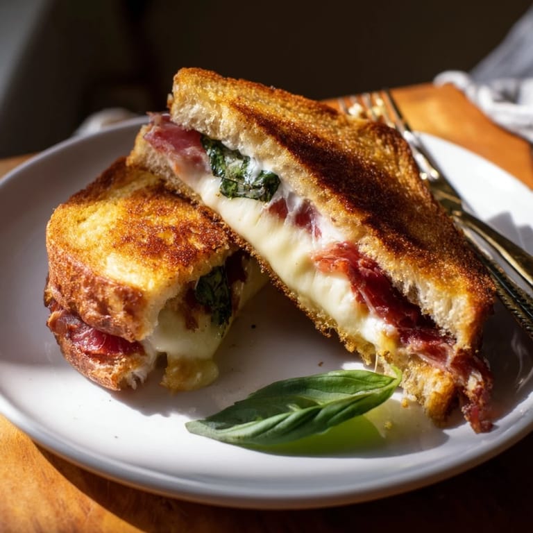 Italian-American Crispy Prosciutto & Burrata Grilled Cheese served on a wooden board, ready to be enjoyed for lunch.
