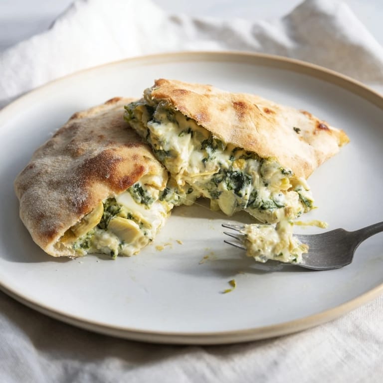 Savory Mediterranean-inspired chicken filling with melted mozzarella and Parmesan, nestled inside fluffy pita bread for lunch.  