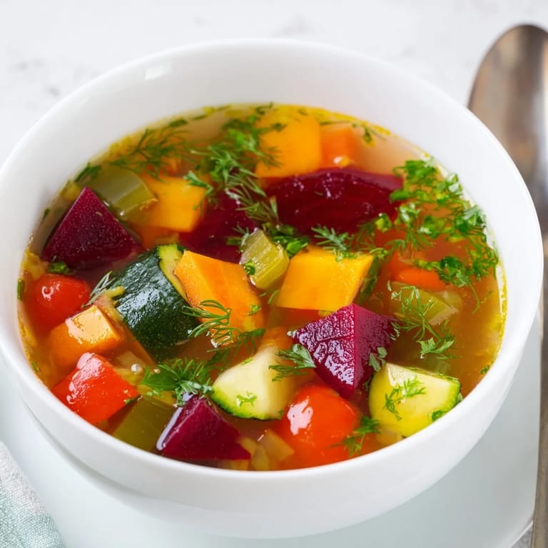 Rainbow Vegetable Detox Soup in a rustic bowl, featuring vibrant red, orange, and green vegetables in a clear broth.