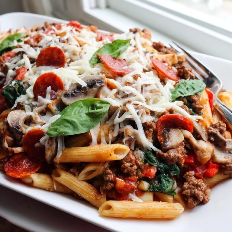 This hearty Italian-American casserole highlights tender ground beef, spinach, and bell peppers in a baked pasta dish with a crispy, golden cheese crust.