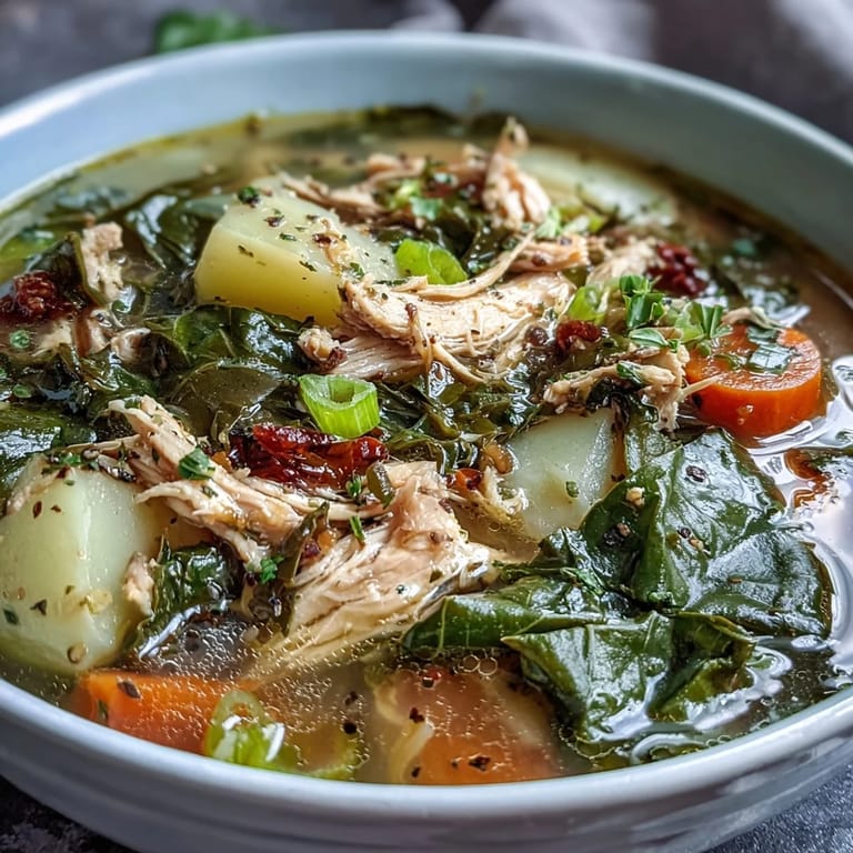 Hearty pot of collard greens chicken and vegetable soup with tender chicken.