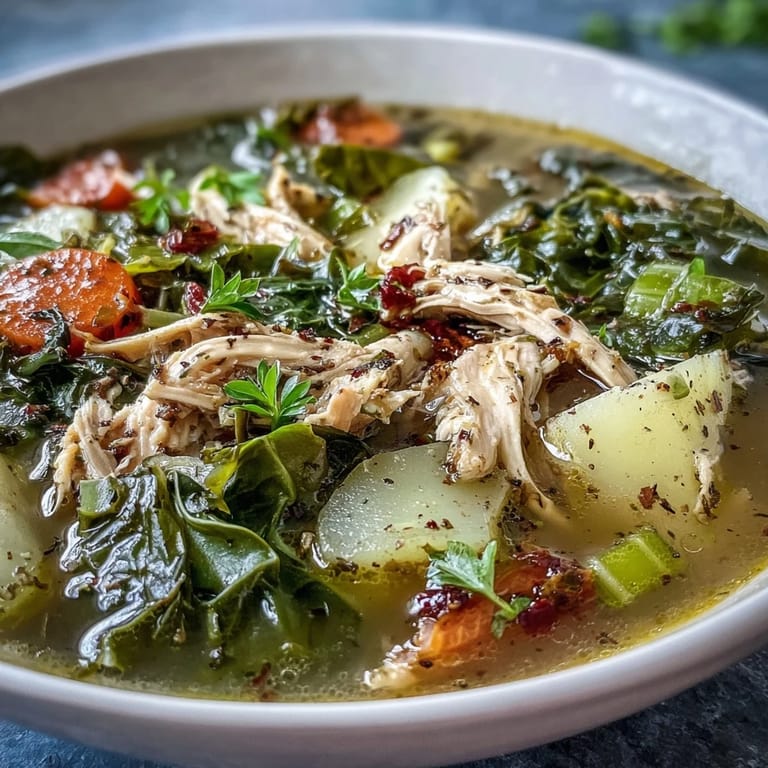 Comforting bowl of collard greens chicken and vegetable soup garnished with parsley.