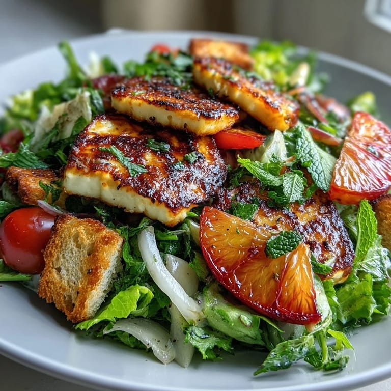 Fresh Halloumi Blood Orange Fattoush salad, a colorful mix of greens and tangy dressing.
