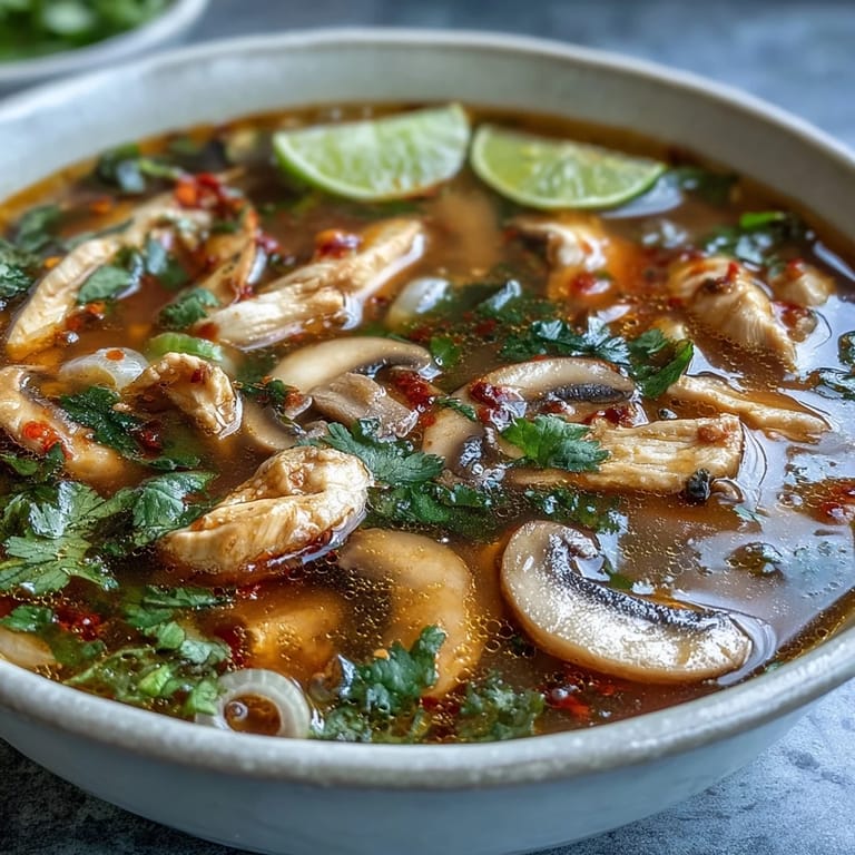 Close-up of Tom Yum Gai highlighting fresh Thai chiles and lemongrass in the rich, flavorful broth.