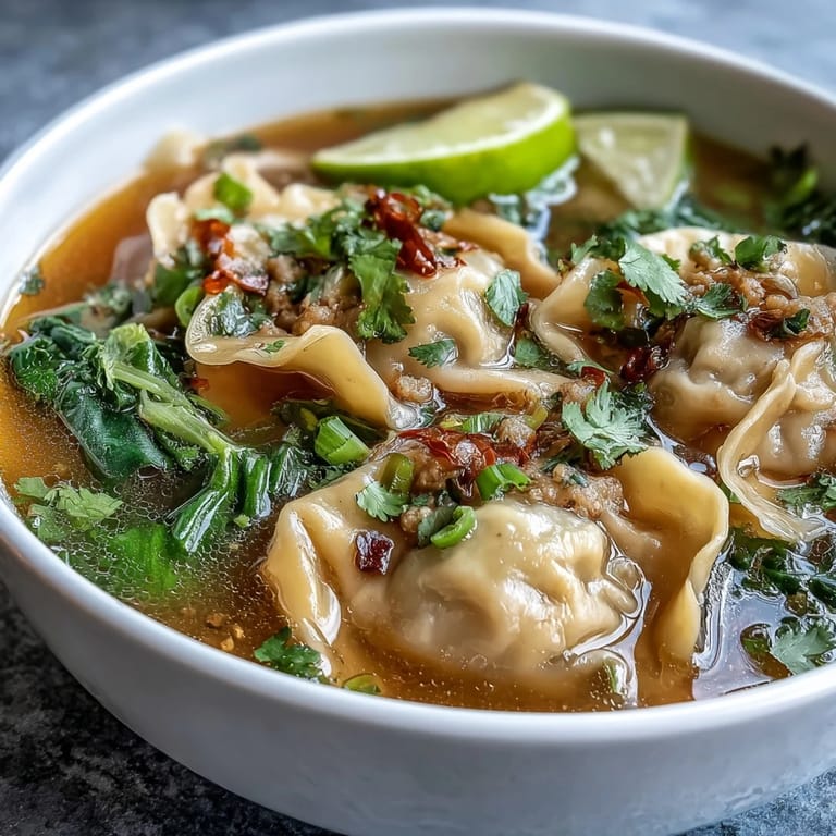 Steaming bowls of Tom Yum Wonton Soup feature pork wontons and mushrooms in a spicy red broth.