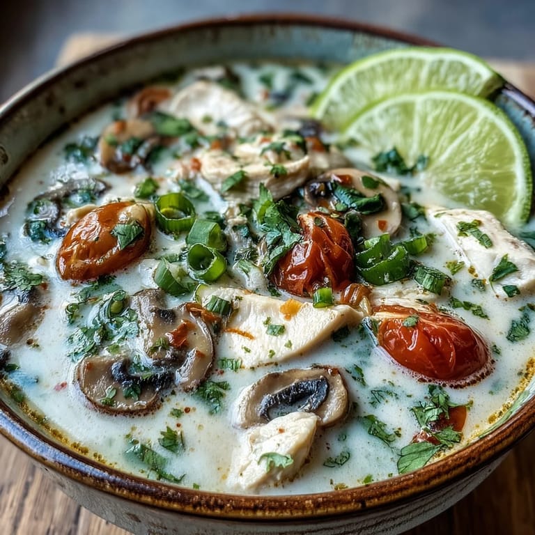 Creamy Thai Best Ever Tom Kha Gai Soup with coconut milk, lime wedges, and cilantro garnish.