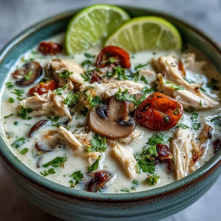 Close-up of Best Ever Tom Kha Gai Soup featuring tender chicken slices and vibrant chili garnish.