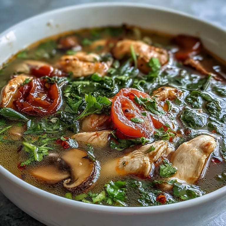 Bowl of homemade Tom Yum Chicken soup garnished with fresh cilantro and lime wedges, served hot alongside fluffy jasmine rice for a complete meal.