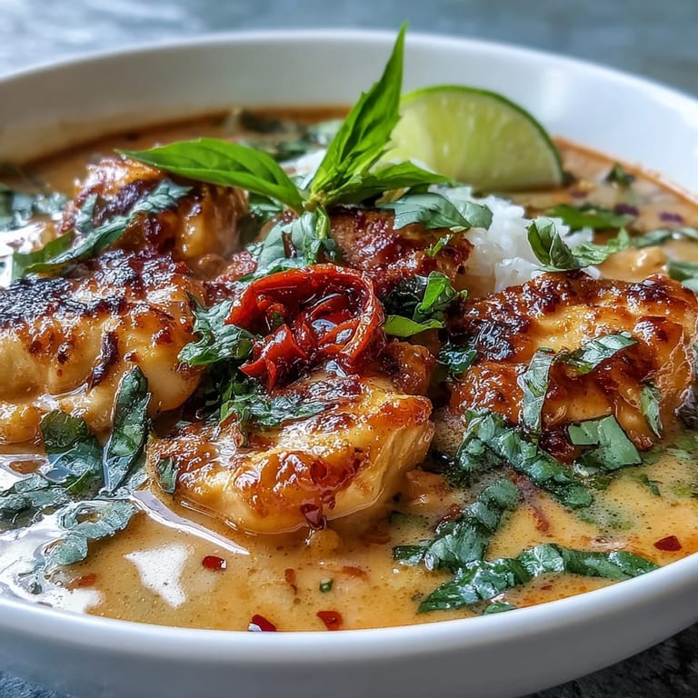 A close-up of Thai Chicken Coconut Curry Soup with shiitake mushrooms, vibrant vegetables, and a rich coconut red curry broth.
