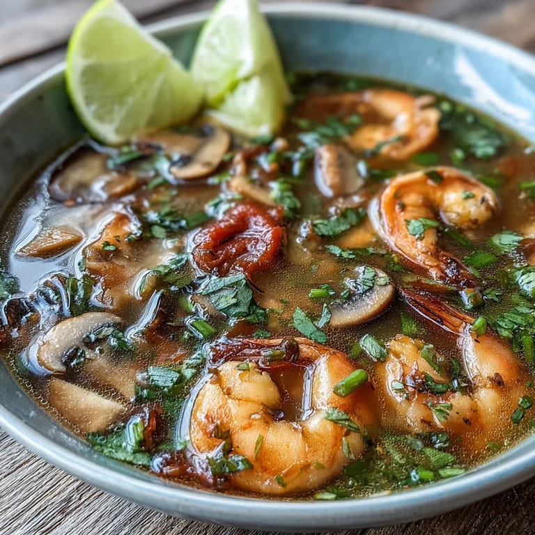 Hot and sour Tom Yum Soup features plump shrimp, sliced tomatoes, and chili garnish for a Thai-style dinner.