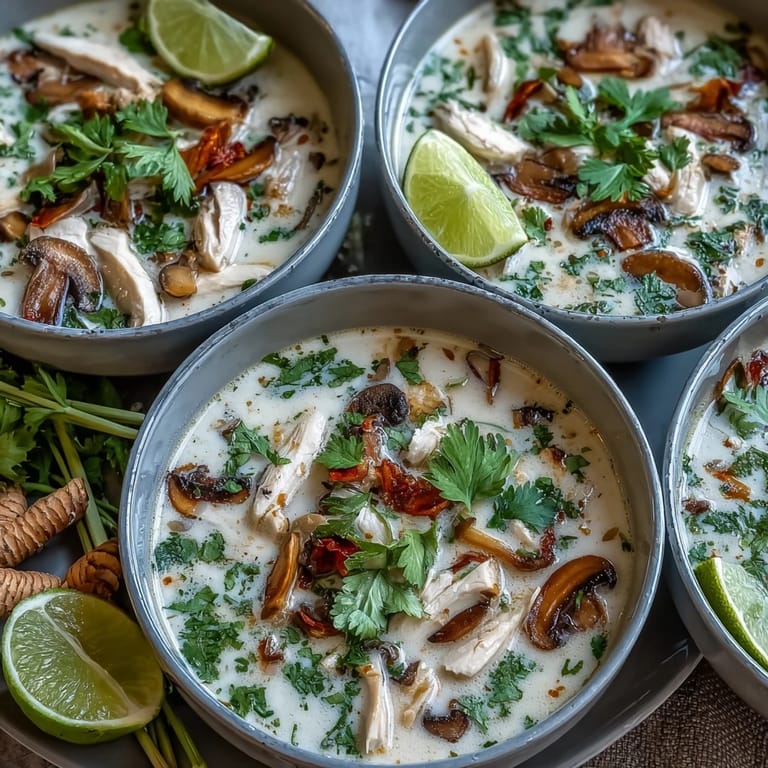 A close-up of Tom Kha Soup showing velvety coconut broth, chicken, mushrooms, and aromatic Thai herbs.