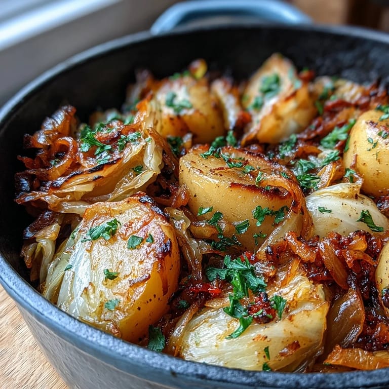 A steaming bowl of Braised Cabbage With Potatoes and Chili served as a cozy vegetarian main dish.