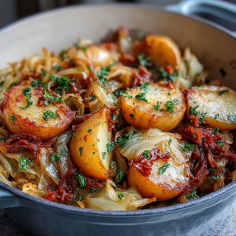 Tender green cabbage, Yukon Gold potatoes, and red chilies in a savory vegetable broth for a hearty meal.