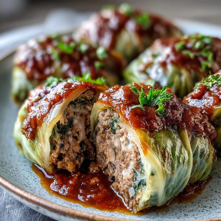 Tender cabbage rolls stuffed with meat and rice, garnished with fresh parsley on a wooden table.
