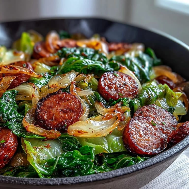 Golden-brown sausage slices and wilted green cabbage fill this one-pan skillet, a low-carb, gluten-free weeknight main dish ready to serve.